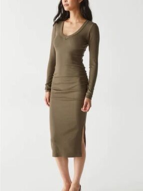 Michael Stars Olive Long-Sleeve V-Neck Midi Dress